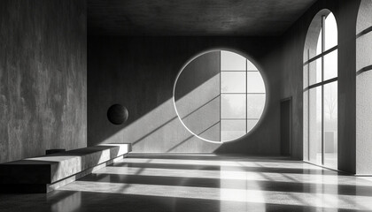 Minimalist interior with stark shadows, a large circular wall motif, and tall arched windows.