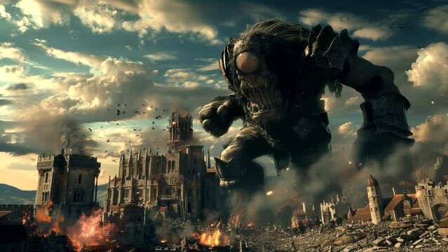 a giant golem rampaging through the city. Seamless looping time-lapse virtual 4k video animation background