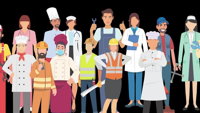 Group of People with Diverse Occupations and Jobs Standing Together in black background. Multiple Profession Persons, doctors, Chefs, Repairmen,  Builders and Nurses all together.. cartoon animation 
