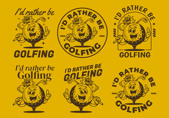 I'd rather be golfing. Vintage character illustration of a golf ball holding a golf stick