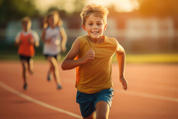 Young boy running on the running track at the stadium outdoors