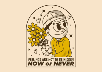 Now or never. Retro illustration of a beanie guy holding a flower