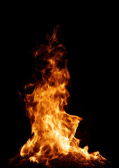 A dynamic fire flame dances against a dark backdrop, ideal for illustrating concepts of energy, passion, or the ephemeral nature of life.