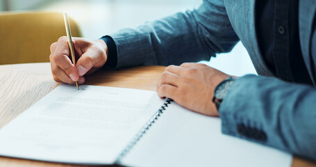 Lawyer hands, documents and signature for legal contract, agreement or terms and conditions in...