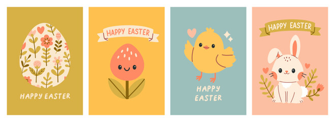 Cute Easter cards set. Spring collection of animals, flowers and decorations. For poster, card, scrapbooking , stickers