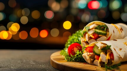Copy Space image of Burrito wraps from fillet grilled chicken, pickles, tomatoes and cheese on...