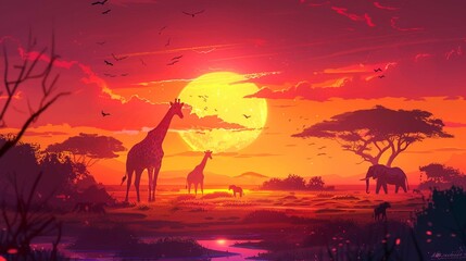 illustration of a bright sunset in Africa, safari with wild animals: giraffes and elephants against the background of sunset in the savannah.
