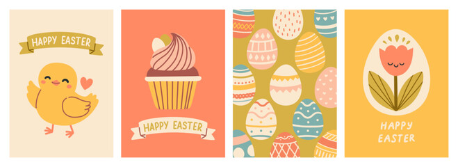 Cute Easter cards set. Spring collection of animals, flowers and decorations. For poster, card, scrapbooking , stickers