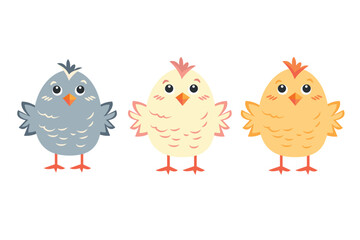 Set of three cute yellow, pink and gray Easter chicks isolated on a white background. Vector illustration.