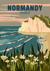 Travel poster Normandy France, vintage seascape rock cliff
