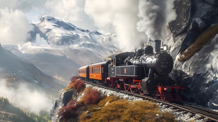 Classic steam locomotive chugging through a mountain pass - obrazy, fototapety, plakaty