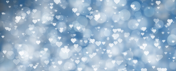 Beauitful white blue hearts on blurred bokeh illustration background. Valentine's day holidays copy space greeting card.
