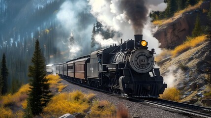 Classic steam locomotive chugging through a mountain pass