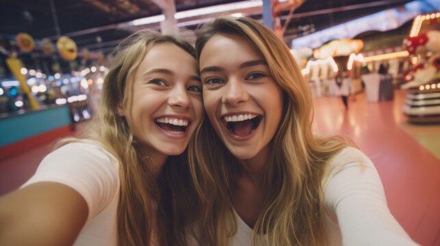 Two teenage girls take selfies in an amusement park. Have fun, Rest and Vacation concepts.