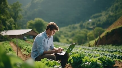 Naklejka na ściany i meble Embracing new technologies in agribusiness. farmer utilizing a laptop amidst lush fields
