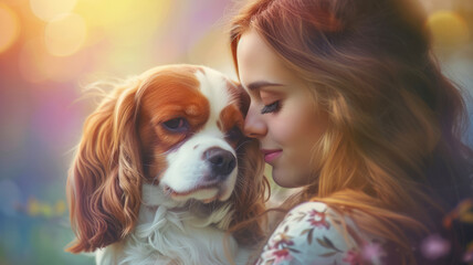 Tranquil Connection: Woman Cuddling with Cavalier King Charles Spaniel, A tranquil scene of a woman cuddling her Cavalier King Charles Spaniel, enveloped by a soft bokeh of floral hues.