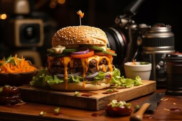 Mouthwatering hamburger sizzling and cooking to perfection on a hot charcoal grill