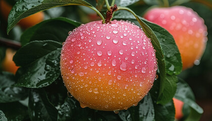A single peach with raindrops on its surface, set against lush green leaves, capturing the essence of a fresh harvest.