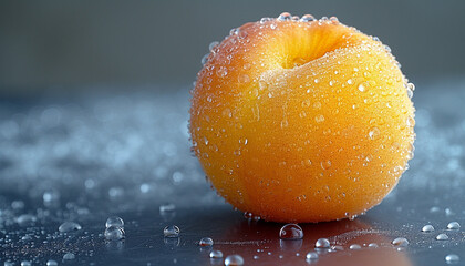 Solitary peach covered in water droplets on a reflective surface, with a deep blue bokeh background.