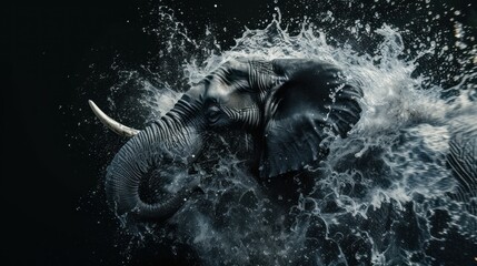 elephant in black background with water splash