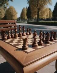 A beautifully crafted wooden chess set on a park bench, the pieces meticulously carved