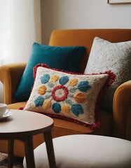 A bright, hand-embroidered cushion on a cozy armchair