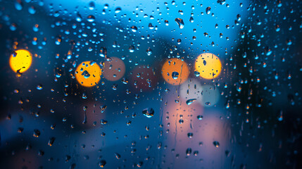 Rain Droplets On A Window With Blurred Lights Background, generative ai