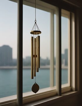 A set of brass wind chimes hanging by a window, their delicate sound harmonizing with the breeze, the light dancing on their metal surfaces