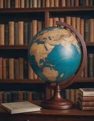 A vintage globe on a bookshelf, its surface smooth from years of exploration, the soft room light tracing the contours of continents and oceans