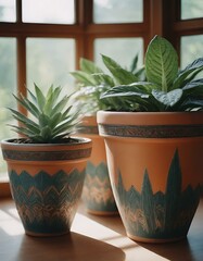 A set of hand-painted, clay garden pots in a sunroom