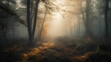 AI generated illustration of a foggy forest with a sunbeam streaming through the trees