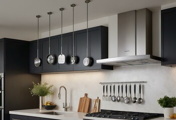 A set of gleaming, stainless steel kitchen tools hanging above a modern kitchen island, their reflections dancing in the bright overhead lights