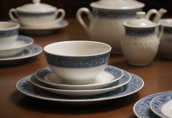 Fototapeta na wymiar A set of fine, porcelain dinnerware on a dining table