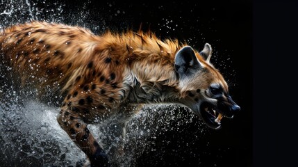 hyena in black background with water splash