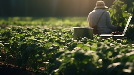 Agricultural innovation. farmer utilizing laptop technology in the field for enhanced agribusiness - obrazy, fototapety, plakaty