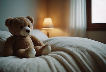 A plush, teddy bear on a child's bed - obrazy, fototapety, plakaty