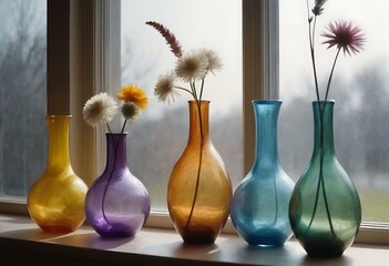A set of pastel-colored, hand-blown glass vases arranged on a window sill