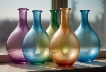 A set of pastel-colored, hand-blown glass vases arranged on a window sill