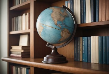 A vintage globe on a bookshelf, its surface smooth from years of exploration, the soft room light tracing the contours of continents and oceans