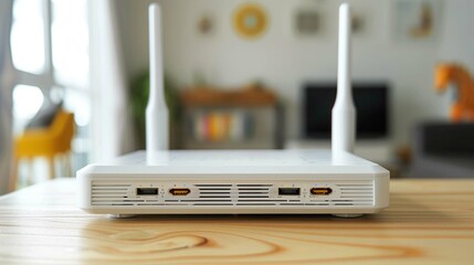 New white Wi-Fi router on wooden table indoors.