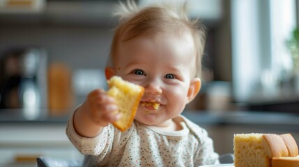 One year old baby with messy face holding out piece of toast to share.