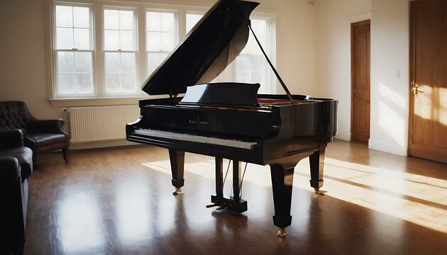 A glossy, black grand piano in a brightly lit room