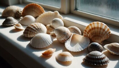 A collection of polished seashells on a windowsill, each a souvenir of the sea, the morning light casting them as jewels of the ocean