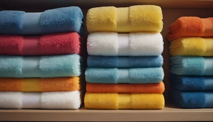A neatly stacked pile of colorful beach towels on a shelf, their hues reminiscent of summer, the room's light promising sunny days and seaside excursions