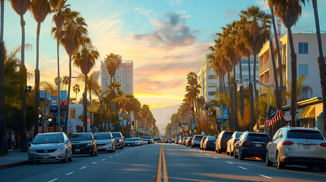 Aerial panoramic view of Ocean Ave freeway in Santa Monica beach at sunset - City streets of Los Angeles and California state surrounds - Warm twilight color filter tones with dark vignetting , genera