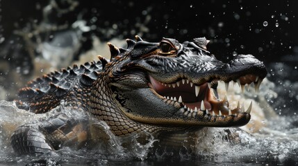 Sinister alligator lurking in splash - obrazy, fototapety, plakaty