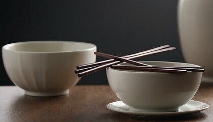A pair of polished, wooden chopsticks on a porcelain bowl - Powered by Adobe
