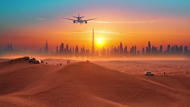 Group of people in a desert looks on the landing plane with Dubai city silhouette at epic sunset.