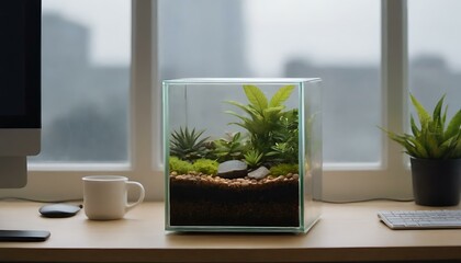 A small, glass terrarium on an office desk