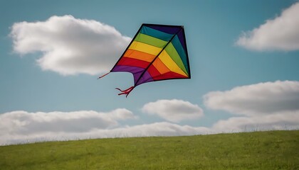 A colorful, handcrafted kite waiting on a grassy hill